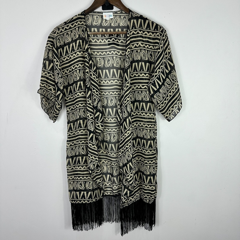 LuLaRoe Lola Kimono S Black Beige Tribal Aztec Fringe Hem‎ Boho Festival Indie